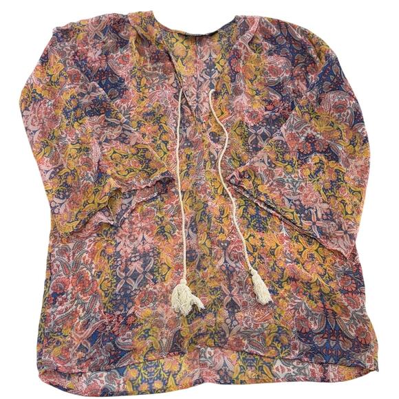Single Los Angeles Tunic Womens XS Sheer Boho Floral Tassel Blouse Top - Picture 1 of 8